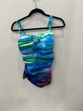 Abstract Tankini Set XL Ruched Tummy Control Padded Top + Black Bottoms NWT
